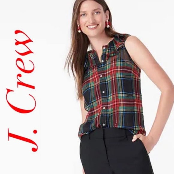 J. Crew Tops - NWT J. Crew Sleeveless Ruffle Collar Black Stewart Tartan Plaid Blouse. SZ S